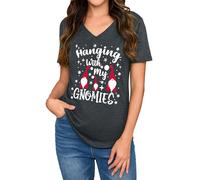 Gyabnw Ladies Christmas Tops Christmas T Shirts Cute Lights Gnomes Santa Printed Graphic Tee Holiday Vacation Clothes A-Grey