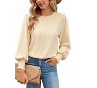 Gyabnw Ladies Long Sleeve Blouse Pleated Tunic Tops for Women Puff Sleeve Casual Shirts for Spring Autumn Apricot