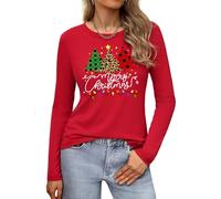 Gyabnw Ladies Merry Christmas Tops Xmas Tree Lights T Shirts Cute Printed Graphic Tee Holiday Vacation Clothes A-red