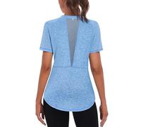 Gyabnw Ladies Sports Top Gym Shirts Short Sleeve Casual Workout Yoga Running Top Crew Neck Back Mesh Fitness Athletic Tee Shirts Blue