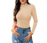 Gyabnw Ladies Turtleneck Thermal Top Long Sleeve Fleece Lightweight Winter Base Layer for Training Apricot