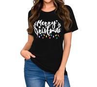 Gyabnw Merry Christmas Tshirts Women Xmas Tree Tops Cute Lights Gnomes Santa Printed T Shirt Holiday Vacation Clothes C-Black