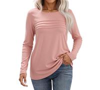 Gyabnw Womens Casual Long Sleeve T Shirts Crew Neck Pleated Blouses Elegant Tunic Tops for Office and Travel Pink