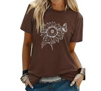 Gyabnw Womens T Shirt Graphic Sunflower Print Crew Neck Short Sleeve | Relaxed Fit, Lightweight Feel, Black Casual Top, Vintage Floral Design, Easy Everyday Summer Styling