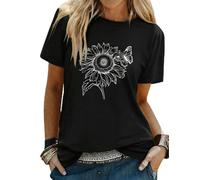 Gyabnw Womens T Shirt Graphic Sunflower Print Crew Neck Short Sleeve | Relaxed Fit, Lightweight Feel, Black Casual Top, Vintage Floral Design, Easy Everyday Summer Styling