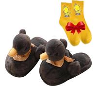 Gyagalre Duck Slippers, Duck Slippers for Women/Men, Plush Duck Feet Slippers, Little Yellow Duck Foot Slippers, Black Duck, 10/10.5 UK