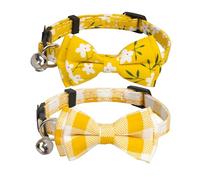 Gyapet Cat Collar with Bow Tie Bell Breakaway Safety 2pcs Set Floral Plaid Flower Pattern Summer Kitten Pet Yellow Flower & Plaid
