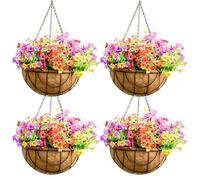 GYATSOCYG 4 Pack 14 Inch Metal Hanging Planter Basket，Natural Round Coconut Hanging Plant Flower Pot，Coconut Coir Planter for Hanging Basket Flowers/Vegetables Home Garden Patio Decoration Earth