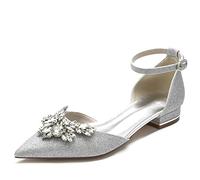 Gycdwjh 2.5cm Women Classic Pointed Toe D'Orsay Wedding Flat Sandals Sparkly Rhinestones Ankle Strap Grit Low Heel Dress Shoes,Silver,3 UK