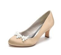 Gycdwjh 6.5cm Women's Wedding Shoes for Bride Pointed Toe Formal Prom Party Dress Pumps Satin Slip-on with Pearls Ballet Chunky,Champagne,9 UK