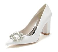 Gycdwjh 8.5cm Slip on Womens Wedding Shoes with Rhinestone Grit Evening Pumps Chunky Block Heels Pointed Toe Dressy Shoes,White,10 UK