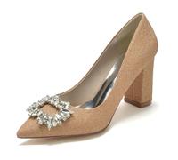 Gycdwjh 8.5cm Slip on Womens Wedding Shoes with Rhinestone Grit Evening Pumps Chunky Block Heels Pointed Toe Dressy Shoes,Champagne,6.5 UK