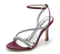 Gycdwjh 9.5cm Satin Wedding Heels Rhinestone Slingback Sandals for Bride, Open Toe Party Pumps with Ankle Strap Elegant Prom Heels for Women,Burgundy,9 UK