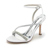 Gycdwjh 9.5cm Satin Wedding Heels Rhinestone Slingback Sandals for Bride, Open Toe Party Pumps with Ankle Strap Elegant Prom Heels for Women,White,3 UK