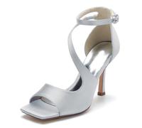 Gycdwjh 9.5cm Women Stiletto High Heel Peep Open Toe S Strap Satin Square Toe Sandals Wedding Party Dress Evening Prom Party Dress Pumps,Silver,6 UK