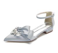Gycdwjh Elegant 2.5cm Bridal Sandals - Rhinestone Ankle Strap Wedding Flats - Pointed Toe Pleated Satin Slip-Ons for Prom & Parties,Silver,4.5 UK