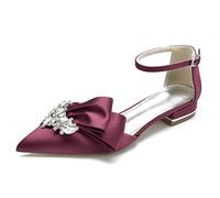 Gycdwjh Elegant 2.5cm Bridal Sandals - Rhinestone Ankle Strap Wedding Flats - Pointed Toe Pleated Satin Slip-Ons for Prom & Parties,Burgundy,4.5 UK