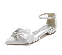 Gycdwjh Elegant 2.5cm Bridal Sandals - Rhinestone Ankle Strap Wedding Flats - Pointed Toe Pleated Satin Slip-Ons for Prom & Parties,White,3 UK