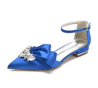 Gycdwjh Elegant 2.5cm Bridal Sandals - Rhinestone Ankle Strap Wedding Flats - Pointed Toe Pleated Satin Slip-Ons for Prom & Parties,Royal Blue,6.5 UK