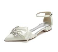 Gycdwjh Elegant 2.5cm Bridal Sandals - Rhinestone Ankle Strap Wedding Flats - Pointed Toe Pleated Satin Slip-Ons for Prom & Parties,Ivory,6.5 UK