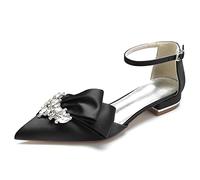 Gycdwjh Elegant 2.5cm Bridal Sandals - Rhinestone Ankle Strap Wedding Flats - Pointed Toe Pleated Satin Slip-Ons for Prom & Parties,Black,6 UK