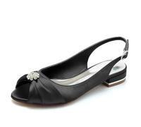 Gycdwjh Elegant 2.5cm Wedding Low Block Heel Flat Satin Pointed Toe Sandals with Crystal Accents Comfortable Slingback Slip-on Flats for Bride,Black,3 UK