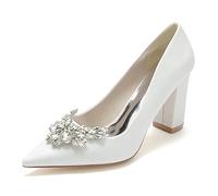 Gycdwjh Elegant 8.5cm Slip-On Bridal Sandals Grit Rhinestone-Embellished Satin Pointed Toe Pumps Chunky Heel Party Wedding Heel Shoes,White,4.5 UK