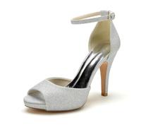 Gycdwjh Elegant Bridal Sandals - Sexy Fish Mouth Peep-Toe Wedding Heels - Platform Ankle Strap Party Shoes in Grit Fabric,Silver,8 UK