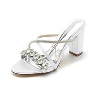 Gycdwjh Slip-On Open Toe Mules 8.5cm Women Chunky Heel Sandals Rhinestones Ankle Strap Wedding Shoes Bride Satin Prom Party Dress Pumps,White,10 UK