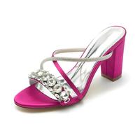 Gycdwjh Slip-On Open Toe Mules 8.5cm Women Chunky Heel Sandals Rhinestones Ankle Strap Wedding Shoes Bride Satin Prom Party Dress Pumps,Rose Red,9 UK