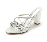 Gycdwjh Slip-On Open Toe Mules 8.5cm Women Chunky Heel Sandals Rhinestones Ankle Strap Wedding Shoes Bride Satin Prom Party Dress Pumps,Ivory,8 UK