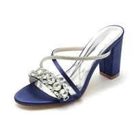 Gycdwjh Slip-On Open Toe Mules 8.5cm Women Chunky Heel Sandals Rhinestones Ankle Strap Wedding Shoes Bride Satin Prom Party Dress Pumps,Dark Blue,8 UK