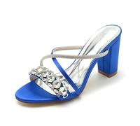Gycdwjh Slip-On Open Toe Mules 8.5cm Women Chunky Heel Sandals Rhinestones Ankle Strap Wedding Shoes Bride Satin Prom Party Dress Pumps,Royal Blue,9 UK