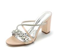 Gycdwjh Slip-On Open Toe Mules 8.5cm Women Chunky Heel Sandals Rhinestones Ankle Strap Wedding Shoes Bride Satin Prom Party Dress Pumps,Champagne,8 UK