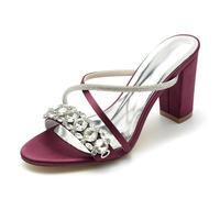 Gycdwjh Slip-On Open Toe Mules 8.5cm Women Chunky Heel Sandals Rhinestones Ankle Strap Wedding Shoes Bride Satin Prom Party Dress Pumps,Burgundy,4.5 UK