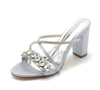 Gycdwjh Slip-On Open Toe Mules 8.5cm Women Chunky Heel Sandals Rhinestones Ankle Strap Wedding Shoes Bride Satin Prom Party Dress Pumps,Silver,9 UK