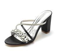 Gycdwjh Slip-On Open Toe Mules 8.5cm Women Chunky Heel Sandals Rhinestones Ankle Strap Wedding Shoes Bride Satin Prom Party Dress Pumps,Black,3 UK