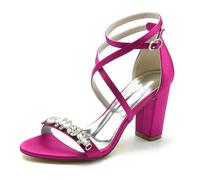 Gycdwjh Summer Wedding Bridal Shoes Women's Open Toe Cross Ankle Strap 8.5Cm Chunky Heels Pump Sandals Rhinestone Satin Dress High Heels Shoes,Rose Red,10 UK