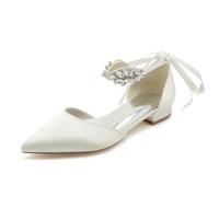 Gycdwjh Summer Women's Satin Rhinestone Bridal Flats 2.5cm Pointed Toe Ballet Pumps with Ankle Strap Elegant Wedding & Evening Party Shoes,Ivory,3 UK