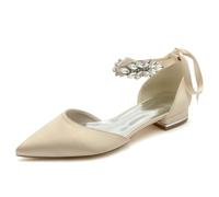 Gycdwjh Summer Women's Satin Rhinestone Bridal Flats 2.5cm Pointed Toe Ballet Pumps with Ankle Strap Elegant Wedding & Evening Party Shoes,Champagne,3 UK