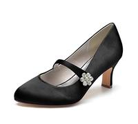 Gycdwjh Wedding Bridal Shoes 6.5cm Pumps Heels Buckle Strap Comfortable Satin Pointed Toe Chunky Heels Sandals with Rhinestone for Parties, Banquets,Black,6 UK