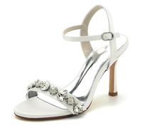 Gycdwjh Wedding Heels Satin Slingback Sandals for Bride 9.5cm Open Toe Party Pumps Rhinestone Ankle Strap Elegant Prom Heels for Women,Ivory,4.5 UK