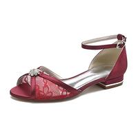 Gycdwjh Women Classic Peep Toe D'Orsay Wedding Flat Sandals Sparkly Rhinestones Ankle Strap Satin Hollow Out Lace Low Heel Dress Shoes,Burgundy,6.5 UK