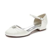 Gycdwjh Women Classic Round Toe D'Orsay Wedding Flat Sandals Sparkly Pearls Ankle Strap Satin Low Heel Dress Shoes,Ivory,8 UK