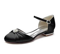 Gycdwjh Women Classic Round Toe D'Orsay Wedding Flat Sandals Sparkly Pearls Ankle Strap Satin Low Heel Dress Shoes,Black,6.5 UK