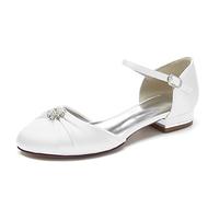 Gycdwjh Women Classic Round Toe D'Orsay Wedding Flat Sandals Sparkly Pearls Ankle Strap Satin Low Heel Dress Shoes,White,4.5 UK