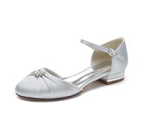 Gycdwjh Women Classic Round Toe D'Orsay Wedding Flat Sandals Sparkly Pearls Ankle Strap Satin Low Heel Dress Shoes,Silver,10 UK