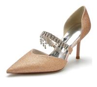 Gycdwjh Women Heeled Slip-on Rhinestone Strappy Pointed Toe Mules Stiletto High Heels 8.5cm Dressy Wedding Party Bridal Sandals,Champagne,2 UK