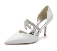 Gycdwjh Women Heeled Slip-on Rhinestone Strappy Pointed Toe Mules Stiletto High Heels 8.5cm Dressy Wedding Party Bridal Sandals,White,8 UK