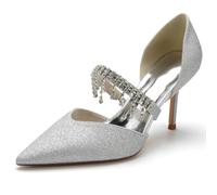 Gycdwjh Women Heeled Slip-on Rhinestone Strappy Pointed Toe Mules Stiletto High Heels 8.5cm Dressy Wedding Party Bridal Sandals,Silver,10 UK